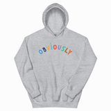 A light heather gray pullover hoodie featuring the word 'OBVIOUSLY' printed across the chest in a playful, multicolored lowercase font, shown against a plain white background.