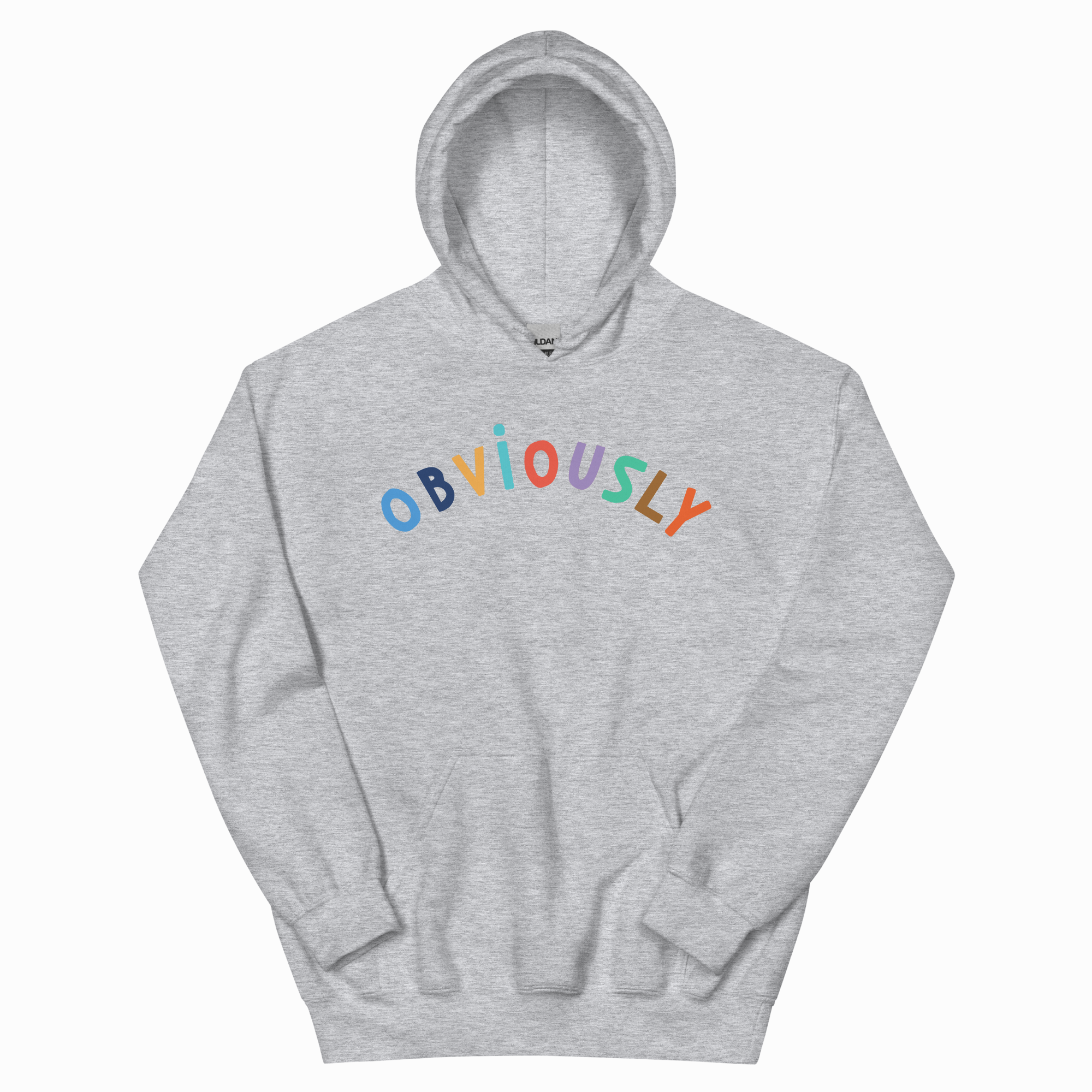 A light heather gray pullover hoodie featuring the word 'OBVIOUSLY' printed across the chest in a playful, multicolored lowercase font, shown against a plain white background.