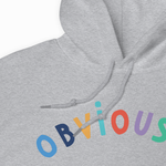 Close-up of a heather gray hoodie with the word 'obvious' printed across the chest in colorful lowercase letters.