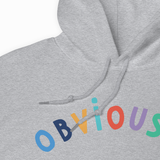 Close-up of a heather gray hoodie with the word 'obvious' printed across the chest in colorful lowercase letters.