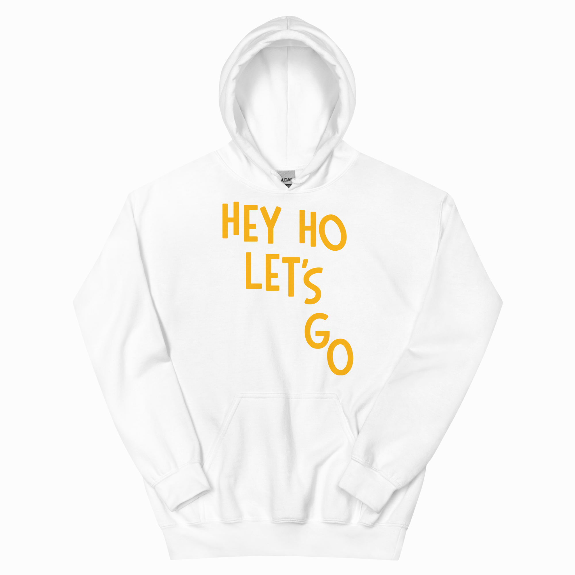 White hoodie with 'HEY HO LET'S GO' text in yellow on a white background