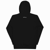 Black hoodie with white text on a white background