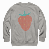 Heather gray crewneck sweatshirt with a large cross-stitch style strawberry graphic in red with teal leaves, shown flat on white background.