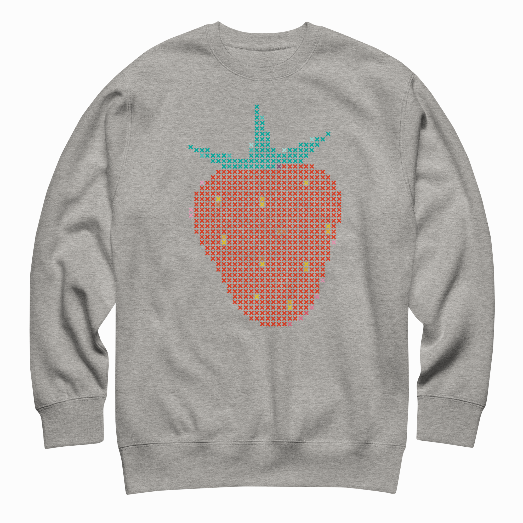 Heather gray crewneck sweatshirt with a large cross-stitch style strawberry graphic in red with teal leaves, shown flat on white background.