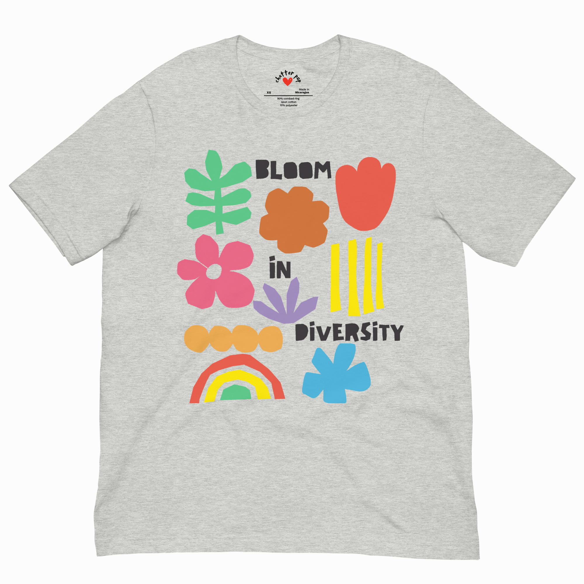 Athletic heather gray unisex staple T-shirt with colorful "Bloom in Diversity" graphic featuring flowers, a leaf, a rainbow, and abstract shapes; Chatter Pop label at collar.