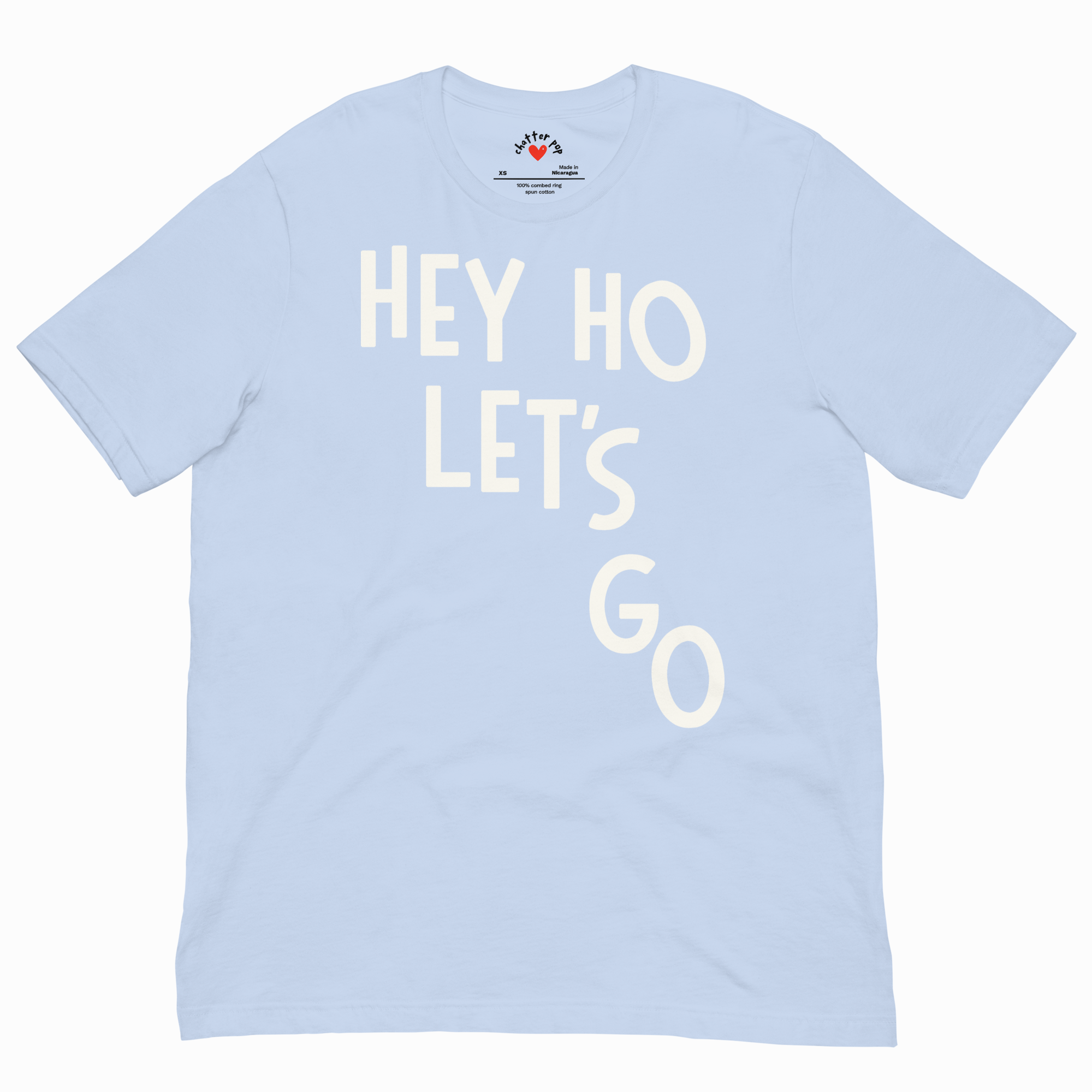 Light blue t-shirt with 'HEY HO LET'S GO' text on a white background