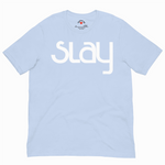 Light blue t-shirt with 'slay' printed on it against a white background