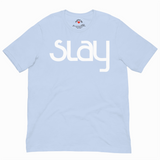 Light blue t-shirt with 'slay' printed on it against a white background