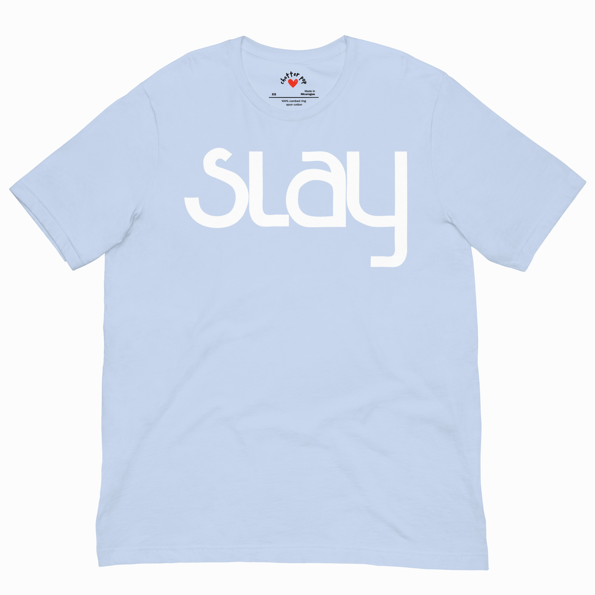 Light blue t-shirt with 'slay' printed on it against a white background