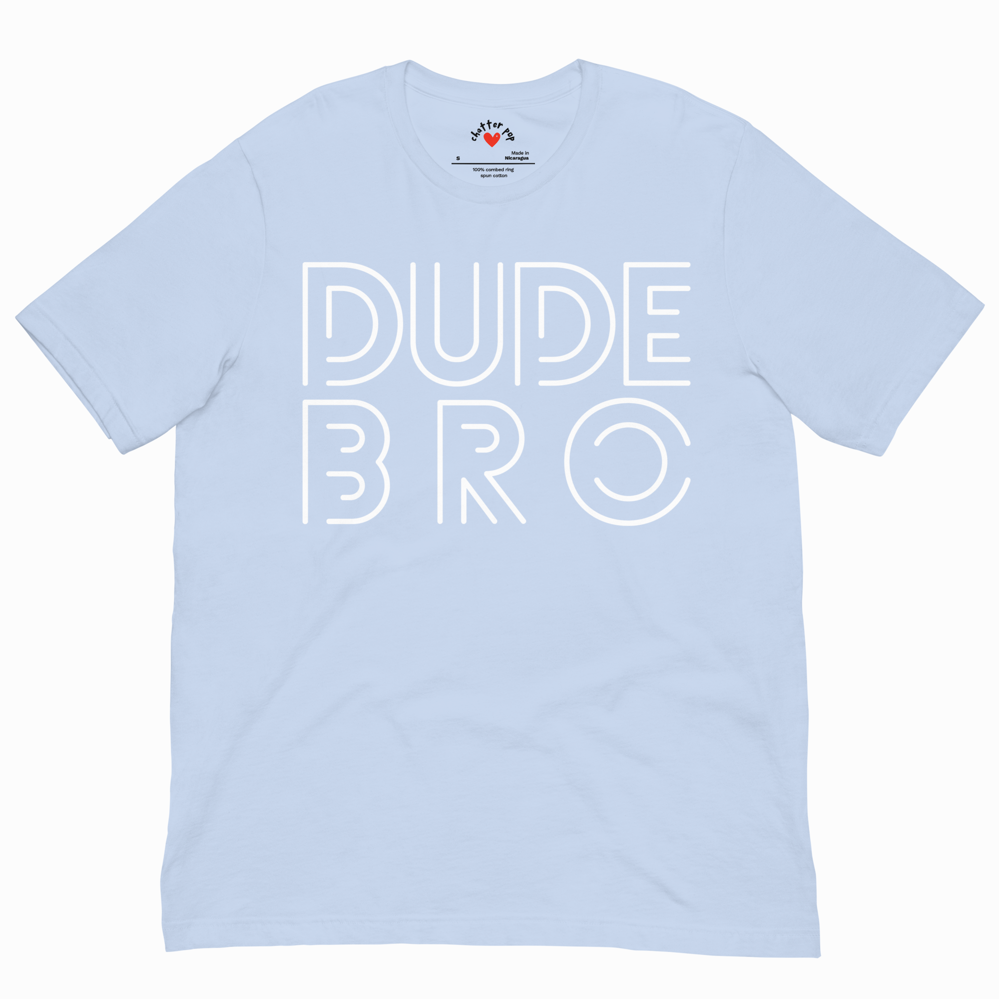 Light blue t-shirt with 'DUDE BRO' text on a white background