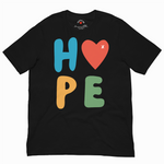 Black t-shirt with colorful 'HOPE' text and heart design on a white background