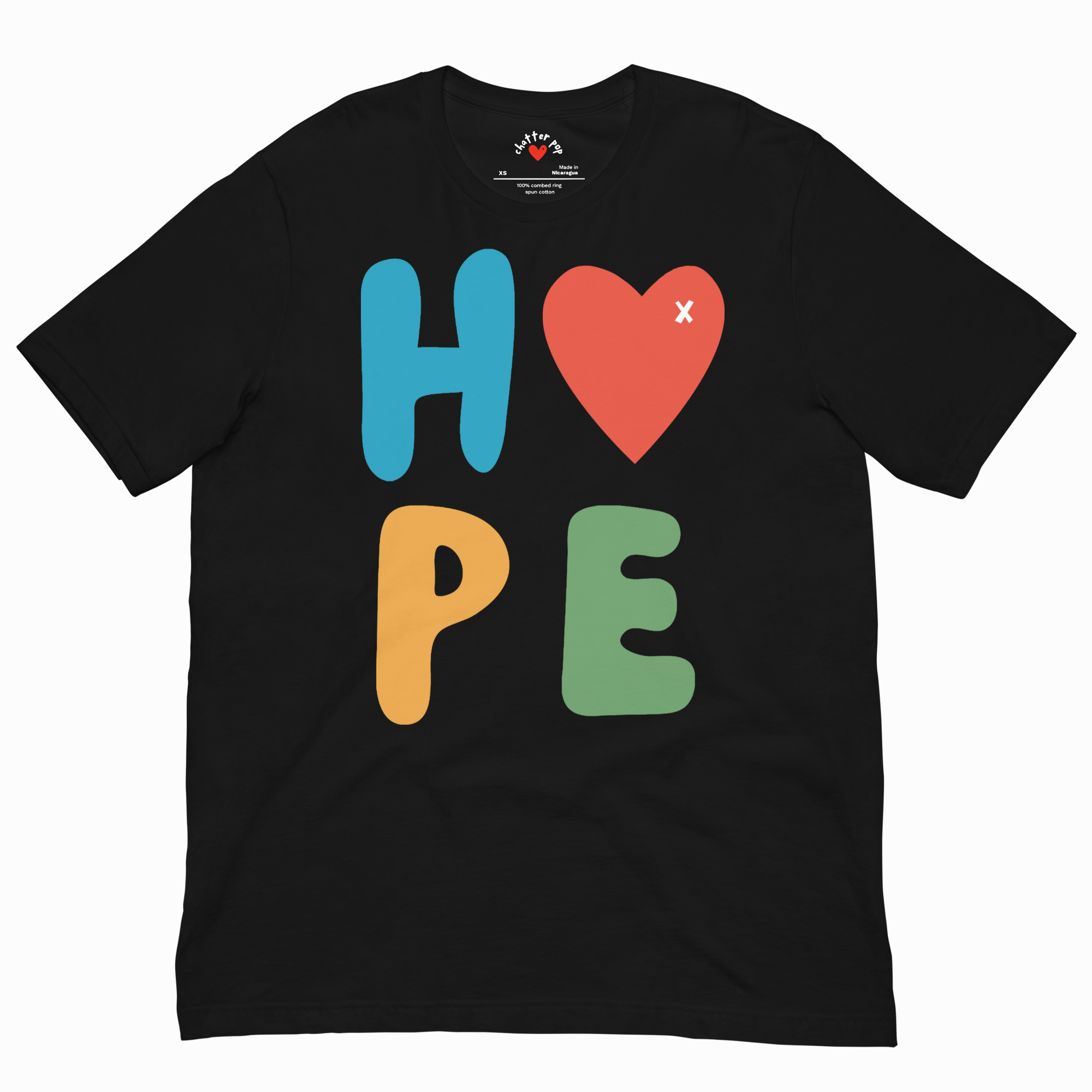 Black t-shirt with colorful 'HOPE' text and heart design on a white background