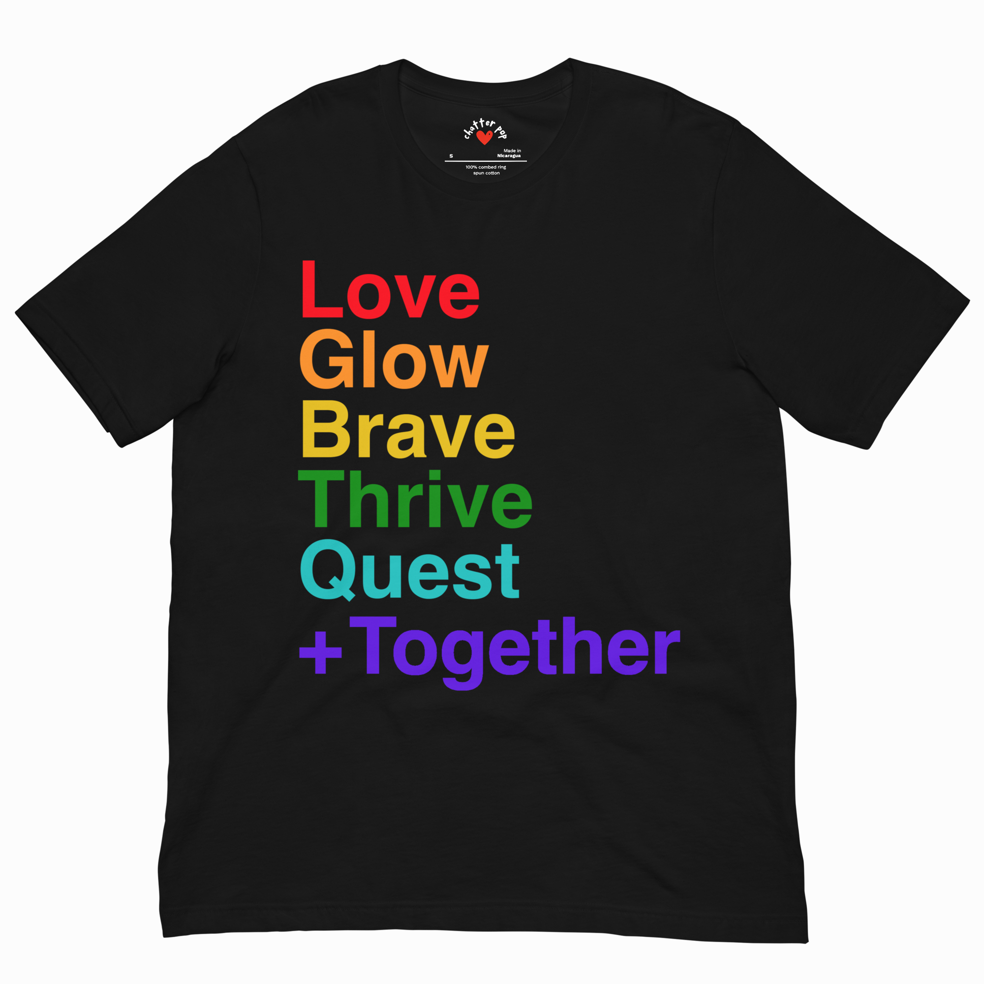 Black t-shirt with motivational text in rainbow colors on a white background