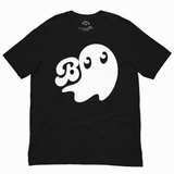 A black short-sleeve crewneck t-shirt featuring a large white graphic of a ghost and the letter 'B' on the front, displayed against a solid white background.