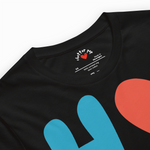 Black t-shirt with colorful heart designs and 'chatter pop' branding on a white background