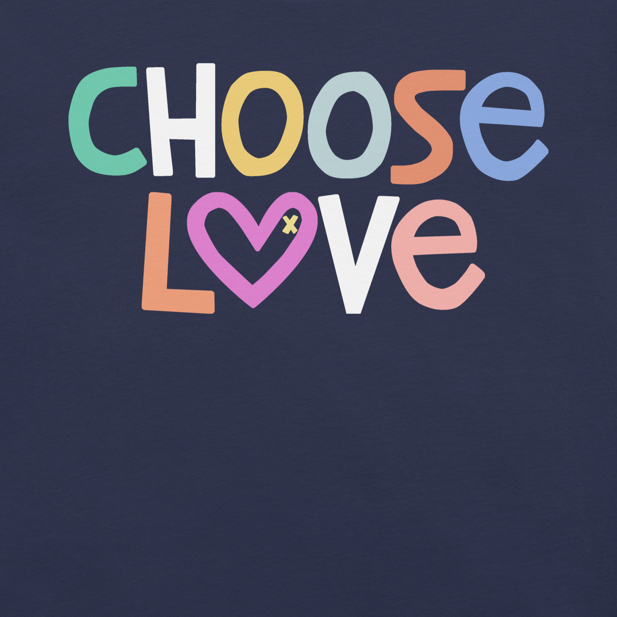 Text 'CHOOSE LOVE' with a heart symbol on a navy background