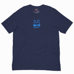 Navy blue t-shirt with a blue graphic on a white background