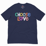 Navy blue t-shirt with 'CHOOSE LOVE' text in colorful letters on a white background