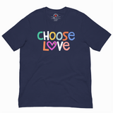 Navy blue t-shirt with 'CHOOSE LOVE' text in colorful letters on a white background