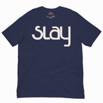 Navy blue t-shirt with 'Slay' printed in white on a white background