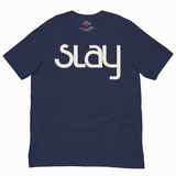 Navy blue t-shirt with 'Slay' printed in white on a white background