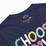 Navy blue t-shirt with colorful text and 'chatter pop' branding on a white background