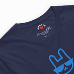 Navy blue t-shirt with a blue graphic on a white background