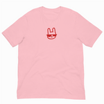 Pink t-shirt with a red graphic on the chest against a white background