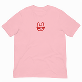 Pink t-shirt with a red graphic on the chest against a white background
