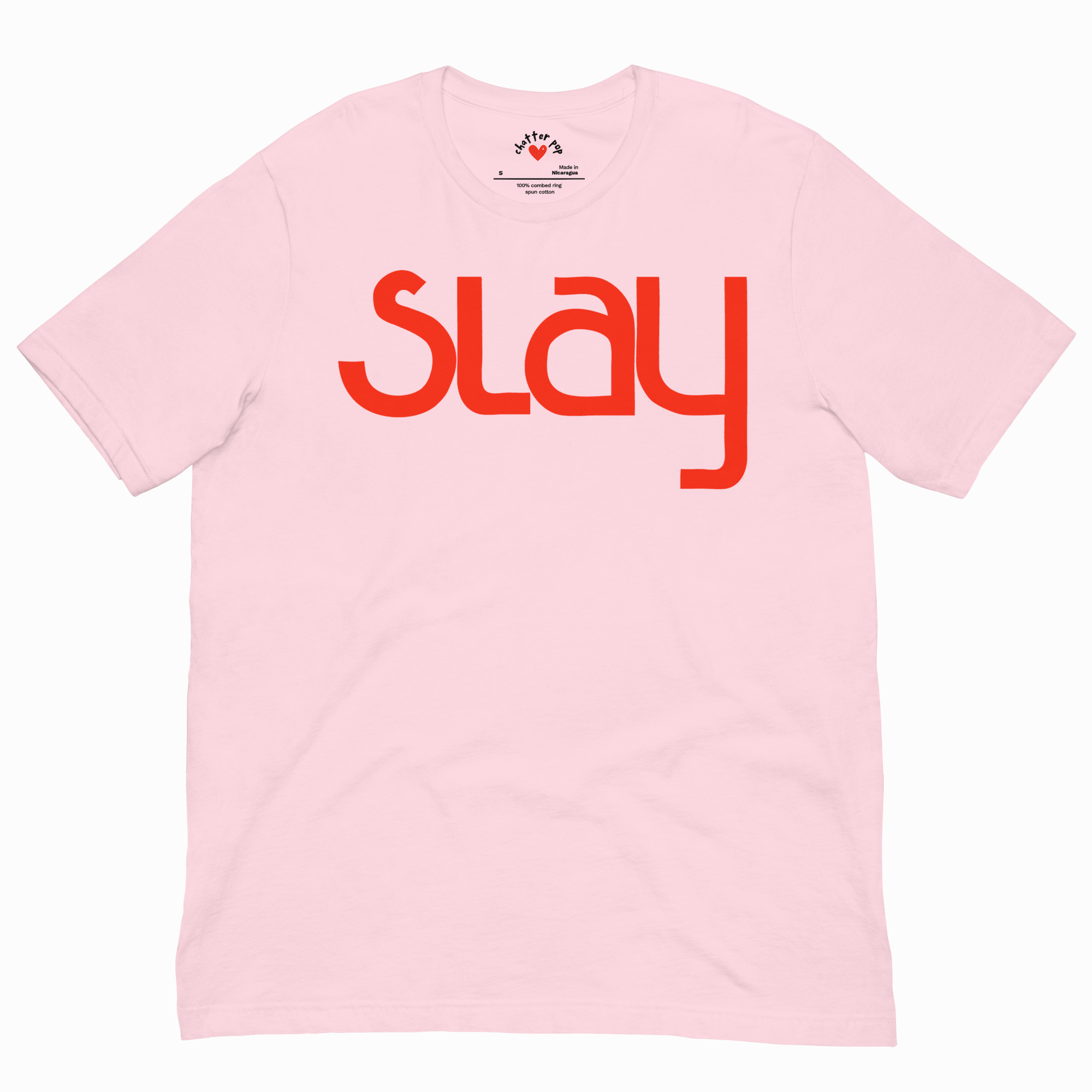 Pink t-shirt with 'Slay' in red text on a white background