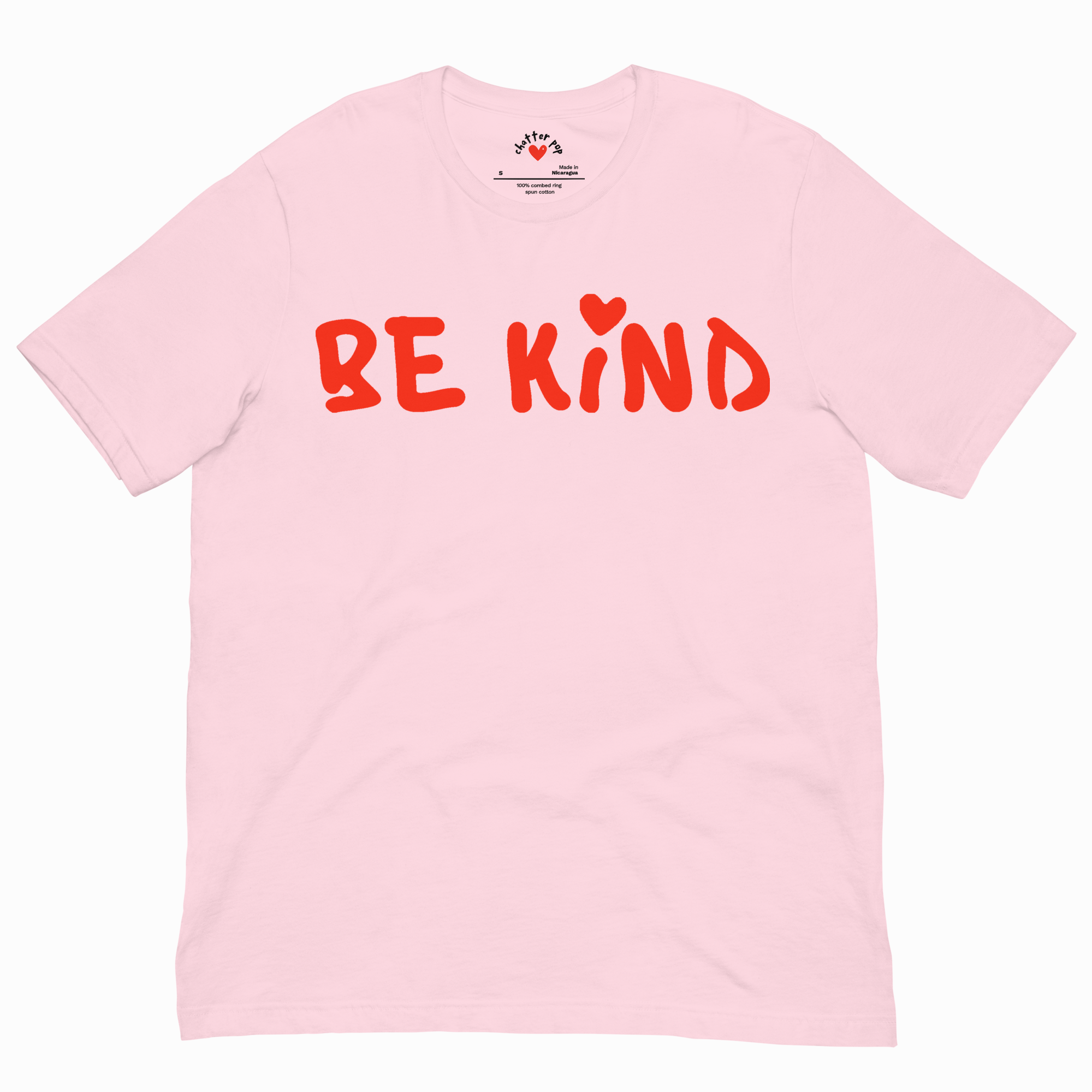 Pink t-shirt with 'BE KIND' text in red on a white background