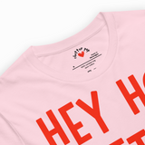Pink t-shirt with red text and 'chatter pop' branding on a white background