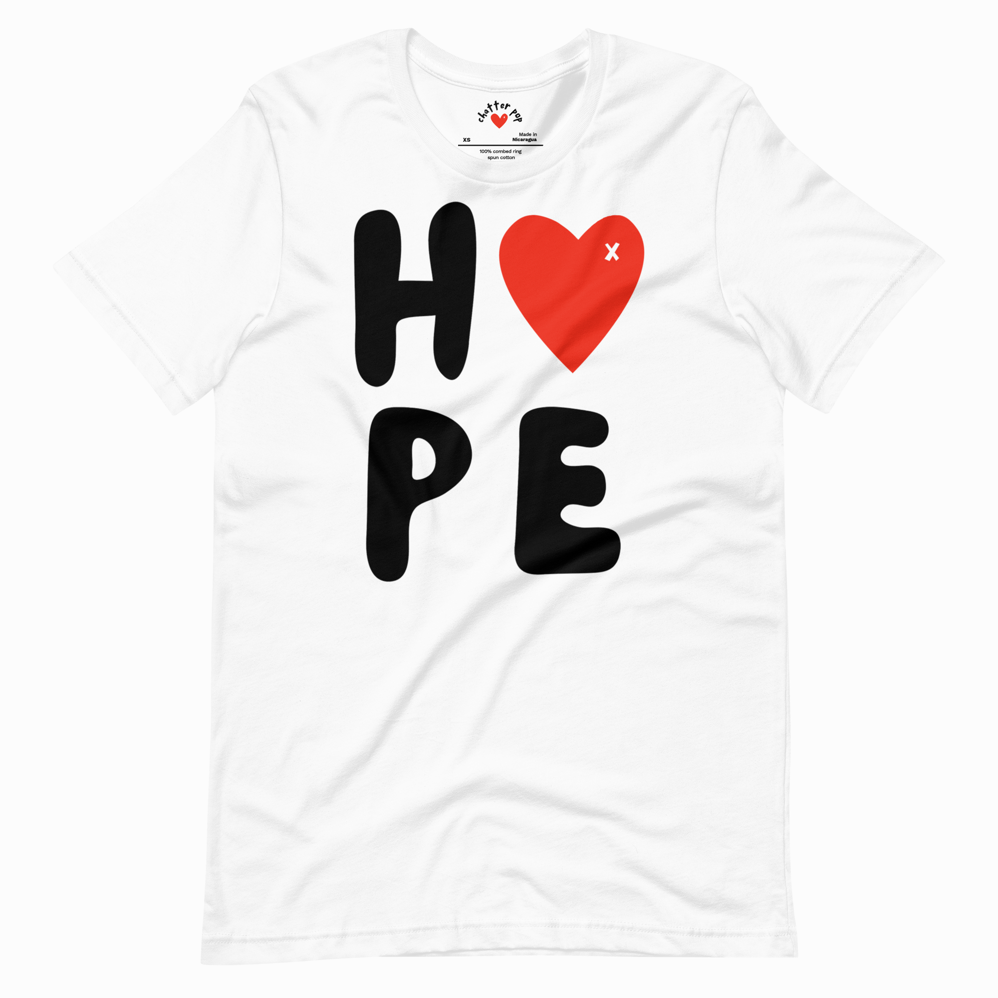 White t-shirt with 'HOPE' text and a red heart on a white background