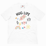 White t-shirt with 'Hug Life' text and colorful graphics on a white background