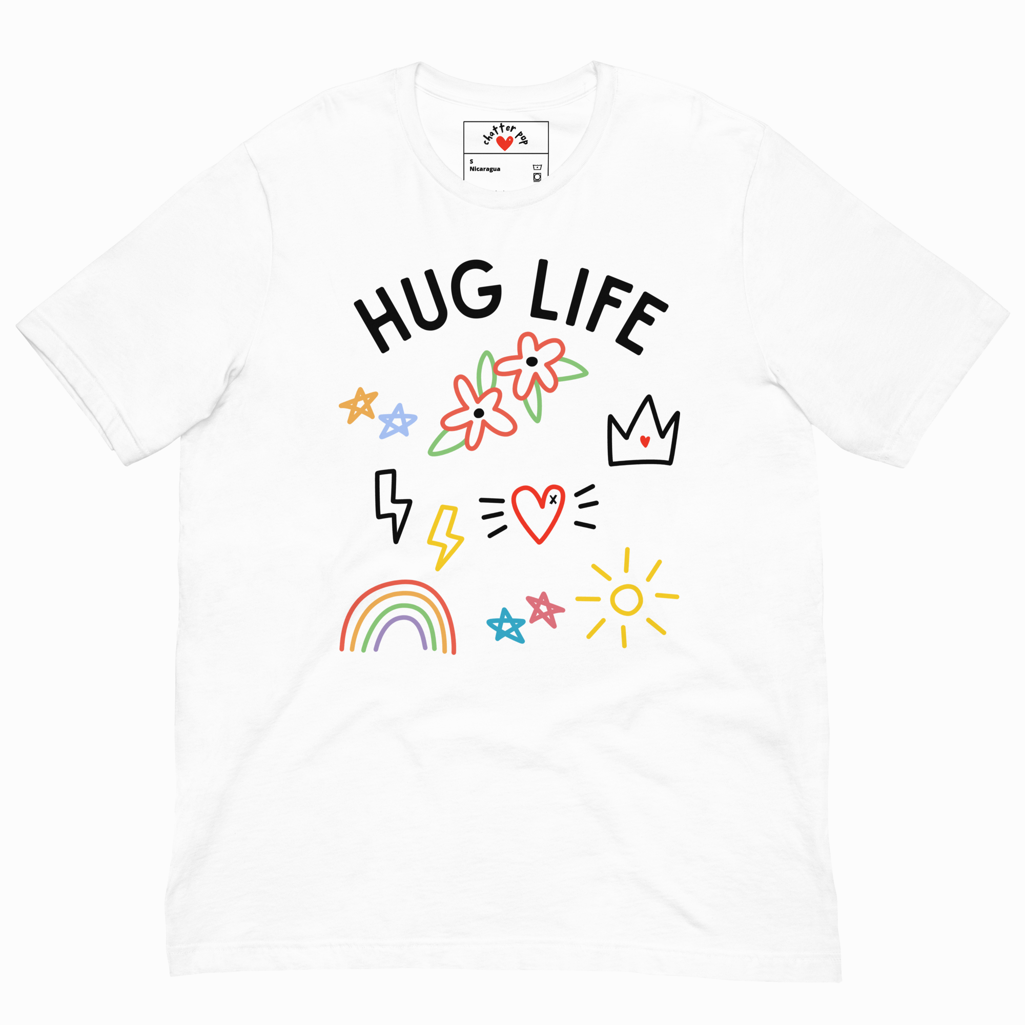 White t-shirt with 'Hug Life' text and colorful graphics on a white background