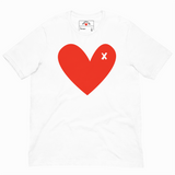 White t-shirt with a red heart design and 'X' on a white background