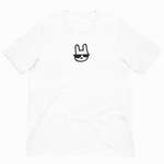 White t-shirt with a black logo on a white background
