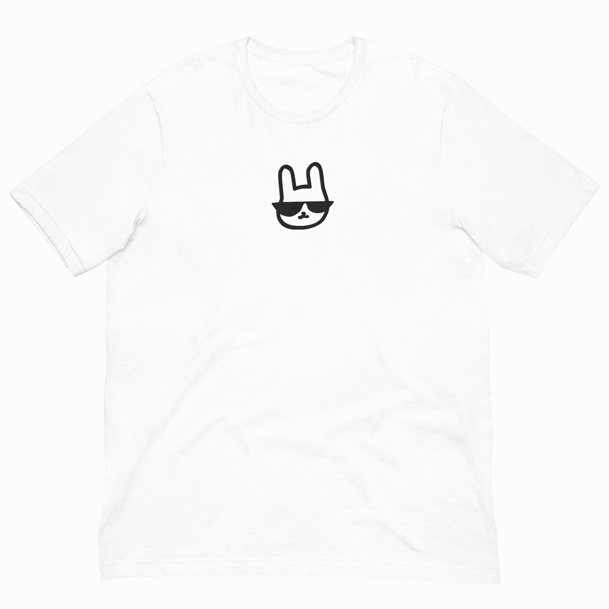 White t-shirt with a black logo on a white background