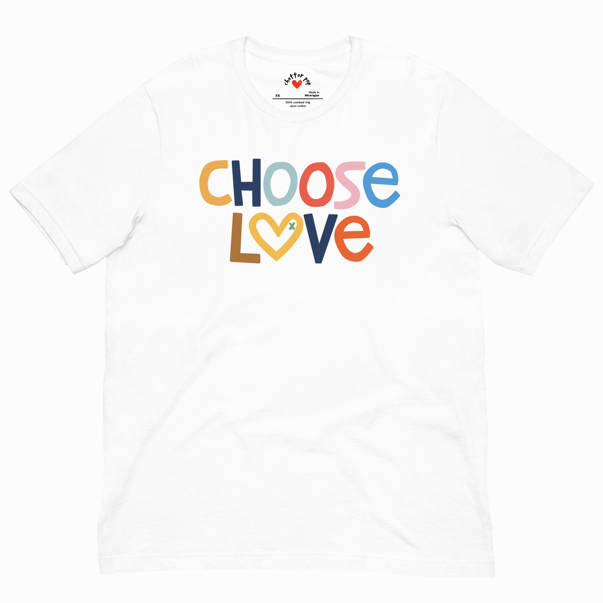 White t-shirt with 'CHOOSE LOVE' text in colorful letters on a white background