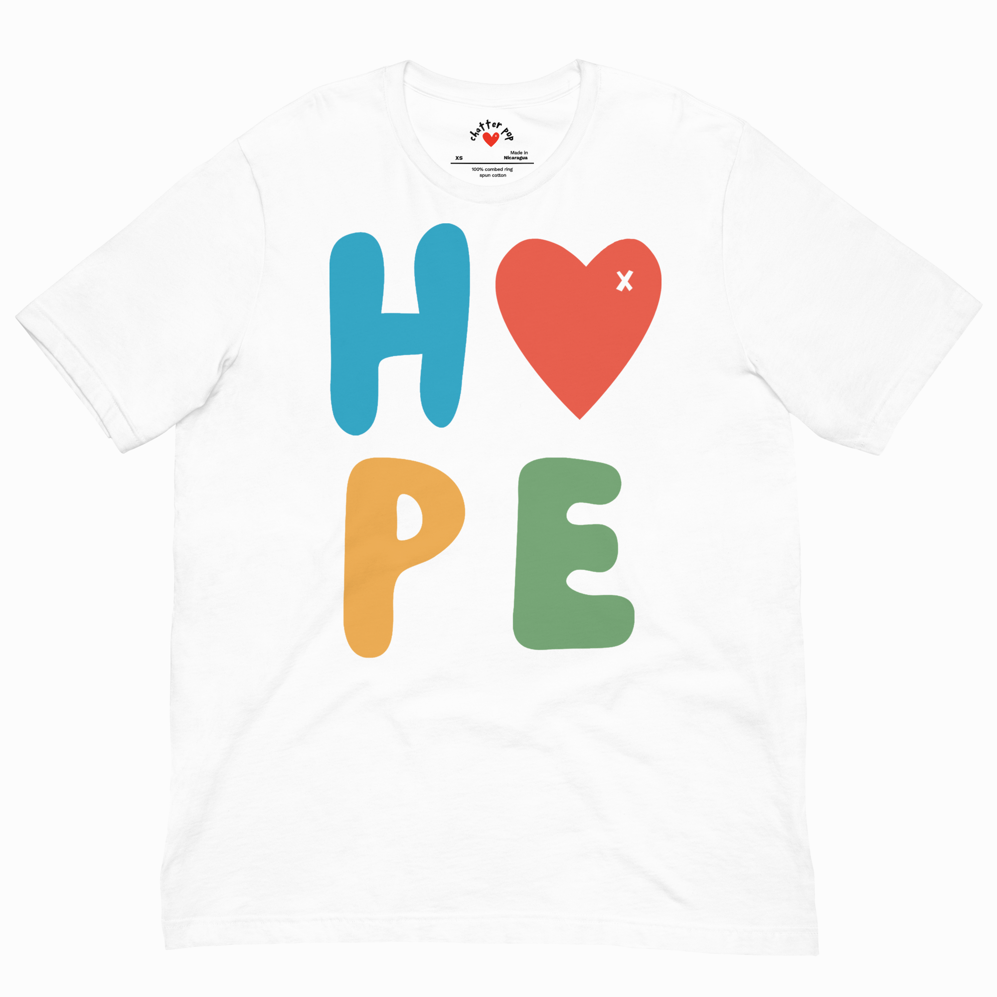 White t-shirt with colorful 'HOPE' text design on a white background