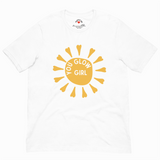White t-shirt with a yellow sun graphic and 'You Glow Girl' text on a white background