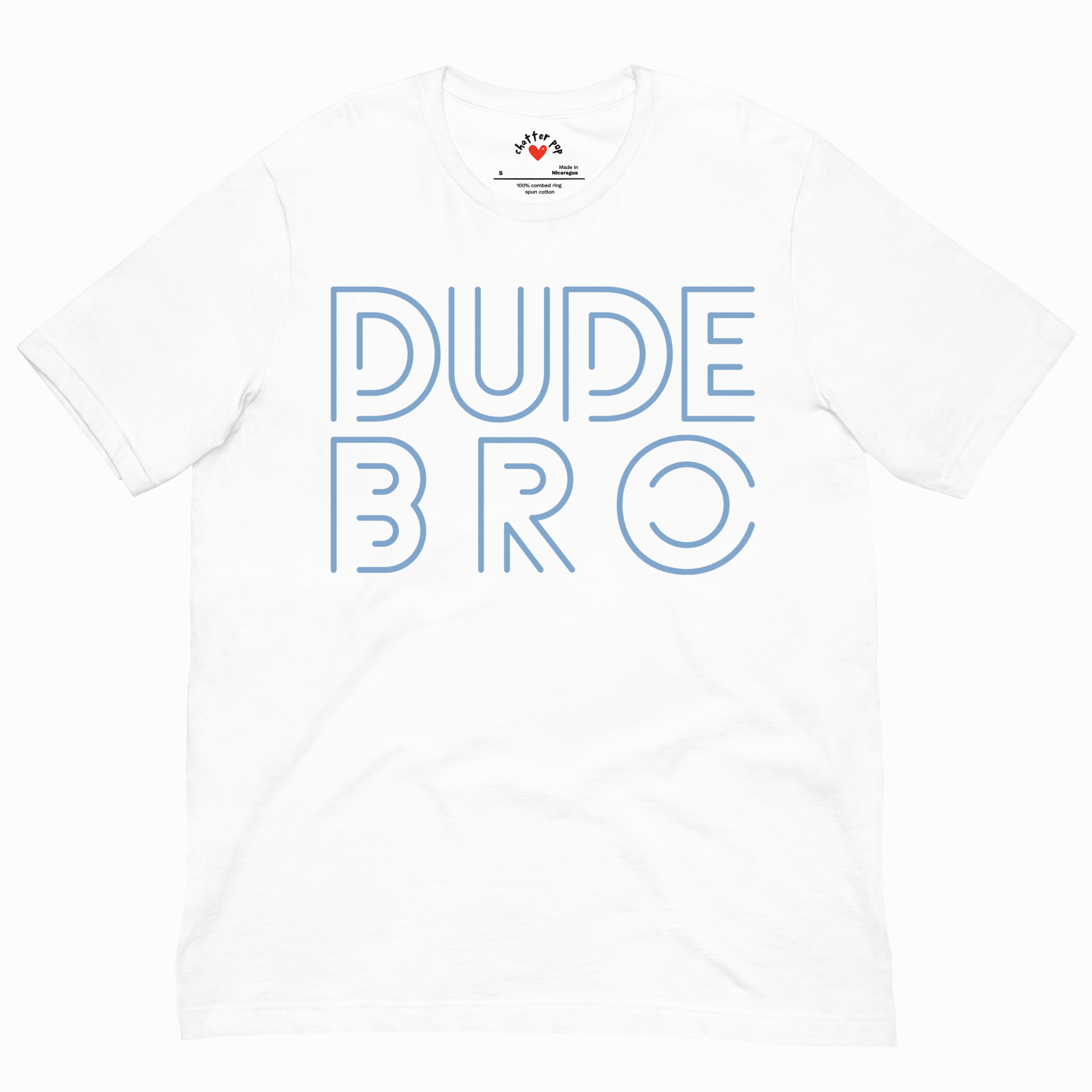 White t-shirt with 'DUDE BRO' text in blue on a white background