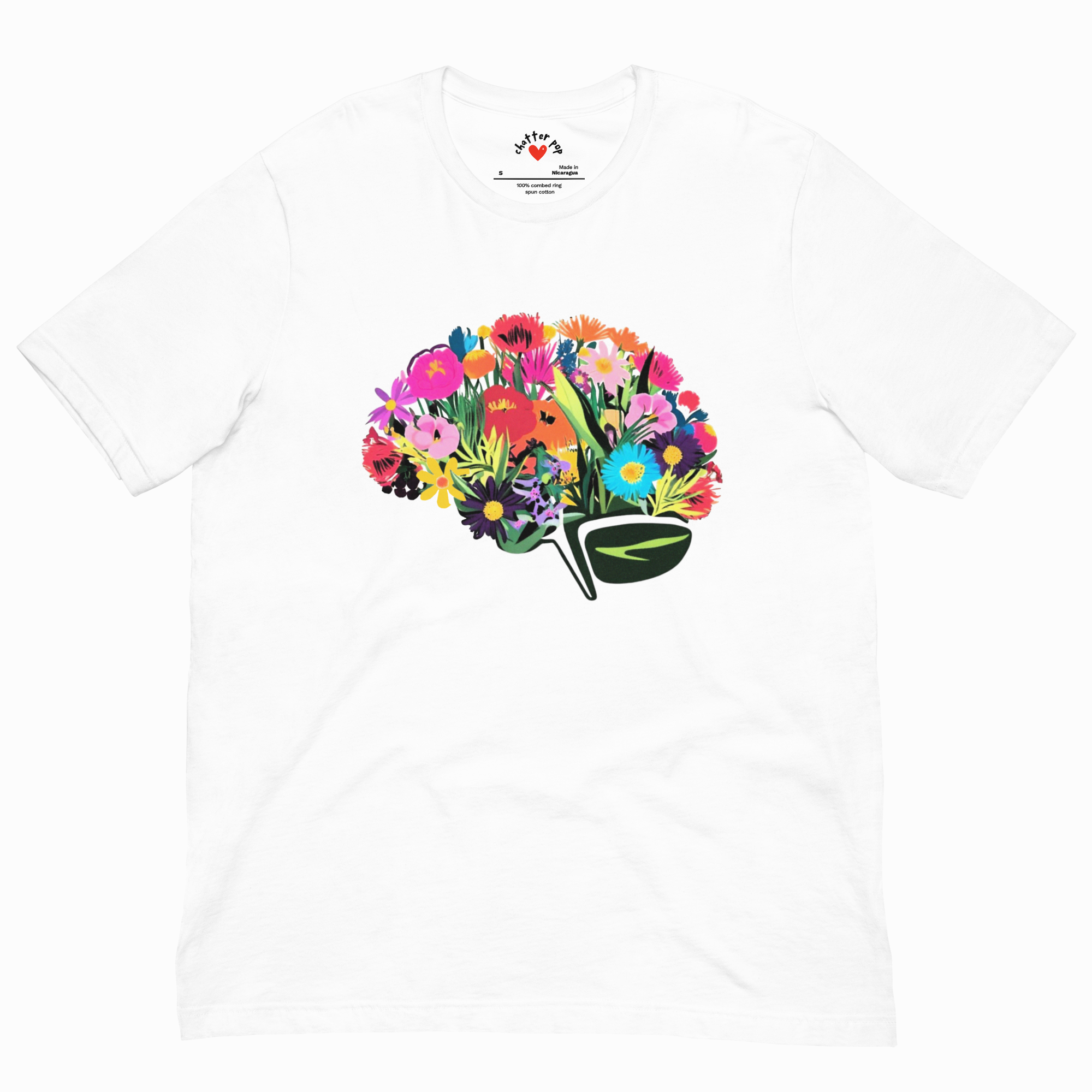 White t-shirt with a colorful brain design featuring flowers on a white background