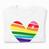 White t-shirt with a rainbow heart design on a white background
