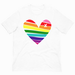 White t-shirt with a rainbow heart design on a white background