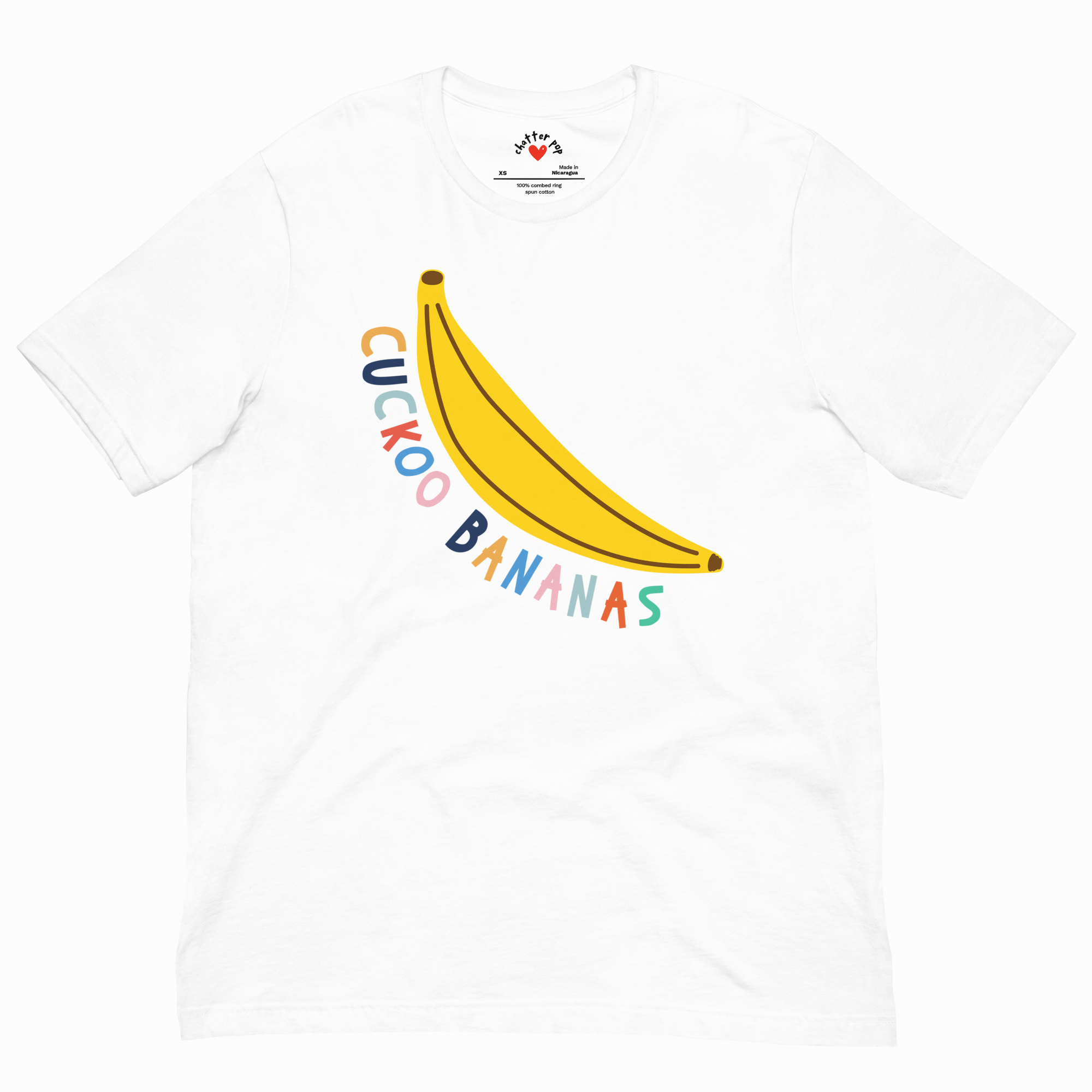 White t-shirt with a colorful 'Cuckoo Bananas' design on a white background