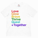 White t-shirt with motivational text in rainbow colors on a white background