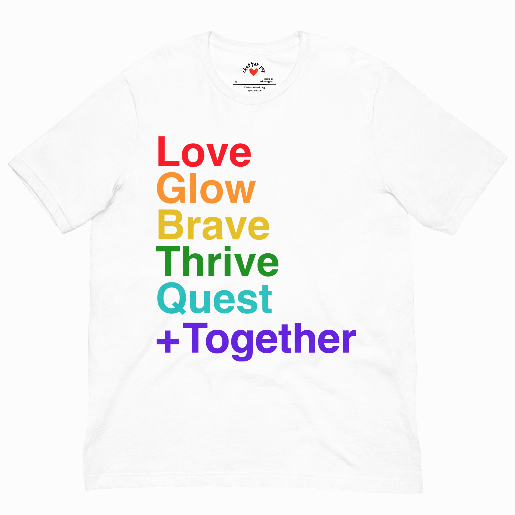 White t-shirt with motivational text in rainbow colors on a white background