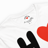 White t-shirt with red heart, black letters, and 'chatter pop' branding.