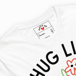 White t-shirt with black text and colorful graphics on a white background